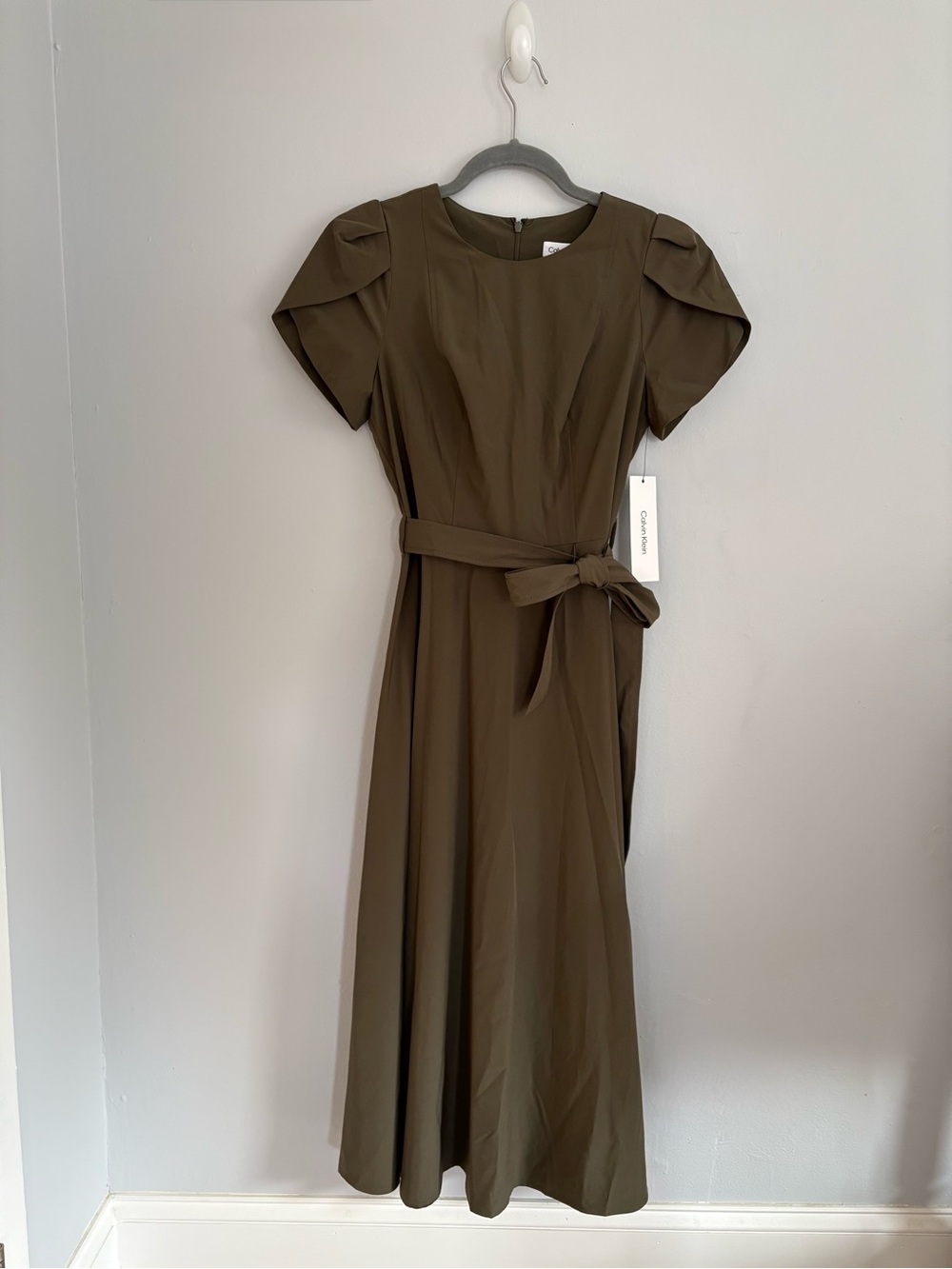 Calvin Klein Olive Green Midi Dress with Self Tie Belt